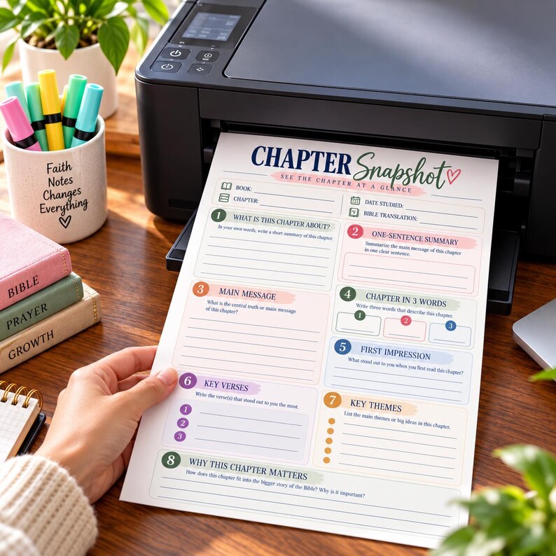 Bible Chapter Study worksheet with guided sections for chapter summary, main message, key verses, themes, and personal reflection.

Chapter Snapshot printable Bible study page with spaces for Bible book, chapter, date studied, and Bible translation.

Bible Study Guide worksheet for summarizing a chapter, identifying its main message, choosing three descriptive words, and recording first impressions.