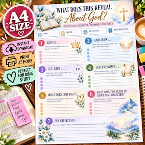 May include: An A4 size Bible study worksheet titled What Does This Reveal About God? Notice His Character, Promises, and Ways. The page features seven numbered sections with prompts, floral illustrations, a cross, a crown, and mountain scenery.