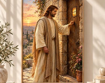 May include: A framed wall art print depicting a figure with long brown hair and a beard, wearing a beige robe, standing before a wooden door. The scene includes a stone wall, a small glowing window in the door, and a sunset landscape with a village.