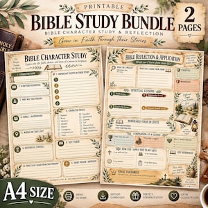 May include: A printable two-page Bible study bundle featuring a Bible character study sheet and a Bible reflection and application sheet. Both pages have a vintage paper aesthetic with green leaf accents, organized sections for writing, and illustrations of books, lanterns, and landscapes.