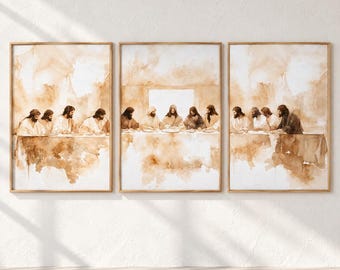 May include: A triptych wall art set featuring a sepia-toned watercolor illustration of The Last Supper. The three framed prints depict figures seated at a long table, rendered in soft brown and white washes with a focus on the central figure.