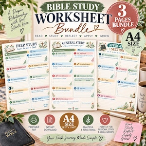 Könnte beinhalten: Ein dreiseitiges Bibelstudien-Arbeitsblatt-Set im A4-Format, 21 cm mal 29,7 cm. Die Seiten enthalten Abschnitte für vertiefendes Studium, allgemeines Studium und Anwendung, verziert mit botanischen Illustrationen und Kreuzen.