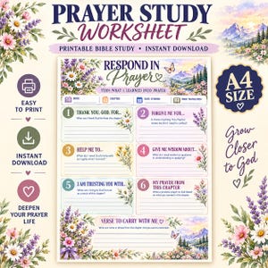 May include: A printable A4 prayer study worksheet featuring floral illustrations, a mountain landscape, and six numbered sections for reflection. The text includes 'PRAYER STUDY WORKSHEET', 'RESPOND IN PRAYER', and prompts like 'THANK YOU, GOD, FOR...' and 'FORGIVE ME FOR...'.