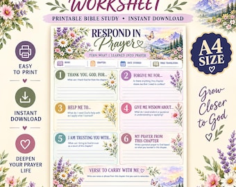 Puede incluir: Una hoja de trabajo de estudio de oración en formato A4 imprimible con ilustraciones florales, un paisaje de montaña y seis secciones numeradas. El texto incluye 'PRAYER STUDY WORKSHEET', 'RESPOND IN PRAYER' y frases como 'THANK YOU, GOD, FOR...' y 'FORGIVE ME FOR...'.