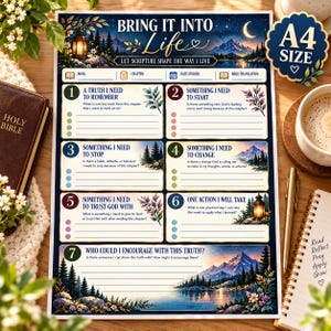 May include: A rectangular A4 size Bible study worksheet featuring a dark blue night landscape with mountains, a lake, and a lantern. The page includes seven numbered sections with prompts for reflection, scripture study, and personal application.