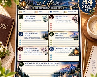 May include: A rectangular A4 size Bible study worksheet featuring a dark blue night landscape with mountains, a lake, and a lantern. The page includes seven numbered sections with prompts for reflection, scripture study, and personal application.