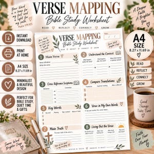 May include: A beige and white A4 size verse mapping Bible study worksheet featuring eight numbered sections for scripture analysis, including fields for main verse, context, cross-references, translations, key words, and personal application.