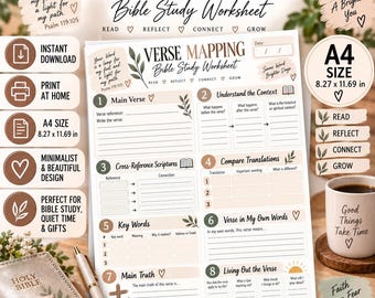 May include: A beige and white A4 size verse mapping Bible study worksheet featuring eight numbered sections for scripture analysis, including fields for main verse, context, cross-references, translations, key words, and personal application.