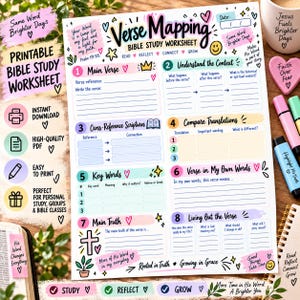 May include: A printable Verse Mapping Bible study worksheet featuring eight numbered sections for scripture analysis. The page includes prompts for main verses, context, cross-references, translations, keywords, personal interpretation, and application.