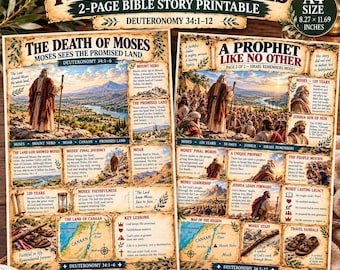 Puede incluir: Dos páginas imprimibles tamaño A4 tituladas The Death of Moses y A Prophet Like No Other. Las páginas incluyen ilustraciones de Moisés, mapas de Canaán y texto que detalla Deuteronomio 34:1-12, incluyendo lecciones, hechos históricos, sandalias y un bastón.