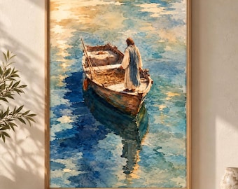 May include: A framed watercolor painting depicts a person wearing a long, light-colored robe standing in a small wooden rowboat. The boat floats on water rendered in shades of deep blue, turquoise, and golden yellow, reflecting sunlight.