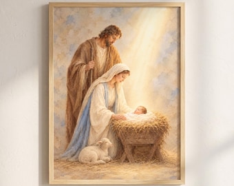 May include: A framed wall art print depicting a nativity scene with a bearded figure in a brown robe standing behind a figure in a white and blue robe, who is leaning over a baby in a wooden manger filled with hay, with a small lamb.