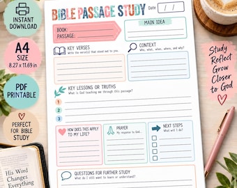 May include: A white A4 size Bible passage study worksheet with colorful headers and sections for book, passage, main idea, key verses, context, key lessons, life application, prayer, next steps, and questions for further study with 8.27 x 11.69 inches.