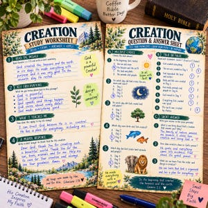 May include: Two printed paper sheets titled Creation Study Worksheet and Creation Question & Answer Sheet. The worksheets feature blue text, illustrations of nature, and handwritten responses in blue ink, with sections for reading, observations, and prayer.