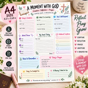 Könnte beinhalten: Ein weißes A4-Andachts-Gebetstagebuchblatt mit den Maßen 21,0 mal 29,7 cm. Die Seite enthält farbige Abschnitte für Today's Scripture, What I'm Learning, How I Will Respond, Word Focus, My Heart Today und Today's Prayer.