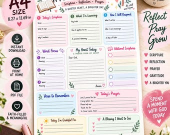 May include: A white A4 size devotional prayer journal sheet measuring 8.27 by 11.69 inches. The page features colorful sections for Today's Scripture, What I'm Learning, How I Will Respond, Word Focus, My Heart Today, and Today's Prayer.