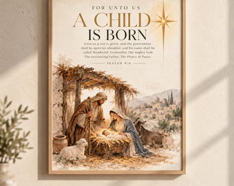 Nativity Bible Verse Wall Art | Isaiah 9:6 Christmas Print | Baby Jesus in the Manger | Christian Printable Decor