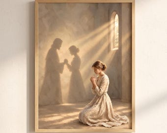 May include: A framed wall art print depicting a person in a long, light-colored dress kneeling in prayer on a stone floor. Behind them, two translucent, ethereal figures stand in a sunlit room with a tall arched window casting golden light beams.