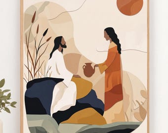 May include: A framed wall art print featuring a stylized illustration of two figures in a desert landscape. One figure in white robes sits on a dark rock, while another in orange robes holds a brown pitcher. A large orange sun hangs in the sky.