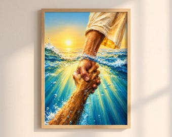 Jesus Saving Peter Wall Art | Hand of God Reaching Print | Christian Ocean Painting | Faith Over Fear Decor