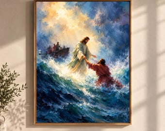 Jesus Saving Peter Wall Art | Walking on Water Christian Art | Biblical Storm Painting | Printable Jesus Decor