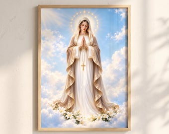 Virgin Mary Wall Art | Blessed Mother with Rosary | Catholic Prayer Print | Christian Printable Art