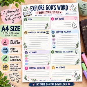 May include: A white A4 size Bible topic study worksheet featuring the title Explore God's Word. The layout includes eight numbered sections with lines for writing, decorated with small illustrations of books, a cross, a lightbulb, and praying hands.