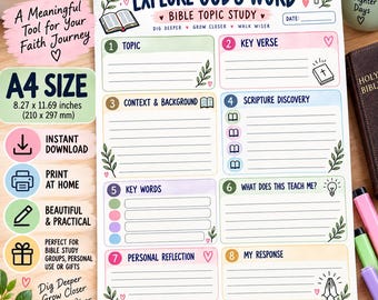 May include: A white A4 size Bible topic study worksheet featuring the title Explore God's Word. The layout includes eight numbered sections with lines for writing, decorated with small illustrations of books, a cross, a lightbulb, and praying hands.