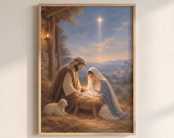 May include: A framed wall art print depicting a nativity scene with a man and woman kneeling beside a baby in a manger filled with hay. A small white lamb rests nearby under a wooden structure with a lantern, beneath a bright star in the sky.