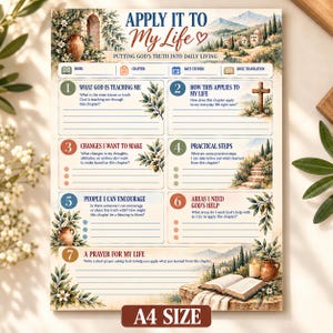 May include: A printed A4 size Bible study worksheet titled Apply It To My Life, featuring sections for book, chapter, date, and translation. The layout includes seven numbered prompts with watercolor illustrations of olive branches, stone arches, and landscapes.