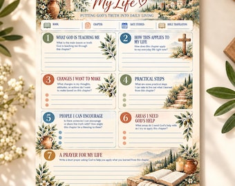 May include: A printed A4 size Bible study worksheet titled Apply It To My Life, featuring sections for book, chapter, date, and translation. The layout includes seven numbered prompts with watercolour illustrations of olive branches, stone arches, and landscapes.