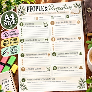May include: A printable A4 size Bible study worksheet titled People & Perspectives. The document features nine numbered sections with prompts for analysing biblical characters, including spaces for book, chapter, date, and translation details.