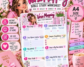May include: A pink-themed A4 size Verse Mapping Bible Study worksheet featuring sections for main verse, context, cross-references, translations, key words, personal interpretation, main truth, and application, decorated with hearts and floral accents.