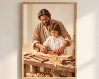 Saint Joseph and Young Jesus Wall Art | Father and Son Carpenter Print | Christian Printable Decor