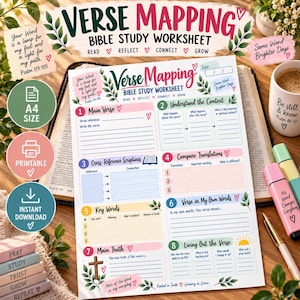 May include: A Verse Mapping Bible Study Worksheet printed on white paper, featuring eight numbered sections for study including Main Verse, Context, Cross-References, Translations, Key Words, Own Words, Main Truth, and Living Out the Verse.