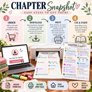 Bible Chapter Study worksheet with guided sections for chapter summary, main message, key verses, themes, and personal reflection.

Chapter Snapshot printable Bible study page with spaces for Bible book, chapter, date studied, and Bible translation.

Bible Study Guide worksheet for summarizing a chapter, identifying its main message, choosing three descriptive words, and recording first impressions.