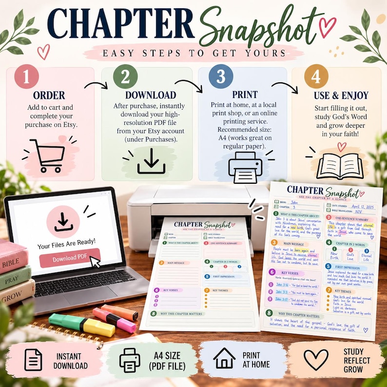Bible Chapter Study worksheet with guided sections for chapter summary, main message, key verses, themes, and personal reflection.

Chapter Snapshot printable Bible study page with spaces for Bible book, chapter, date studied, and Bible translation.

Bible Study Guide worksheet for summarizing a chapter, identifying its main message, choosing three descriptive words, and recording first impressions.