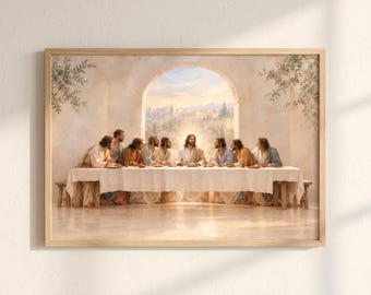 May include: A framed wall art print depicting the Last Supper scene with thirteen figures seated at a long table covered by a white cloth. The composition features a central arched window overlooking a landscape, with soft lighting and neutral tones.