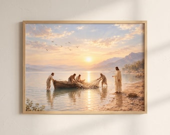 May include: A framed wall art print depicting a sunrise scene over a calm lake. Three figures in a wooden boat pull a fishing net from the water, while a fourth figure in a long robe stands on the shore. The sky is filled with soft clouds.