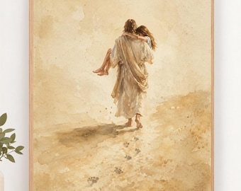He Carried Me Art Water Color Print | Jesus Carrying Child | Footprints in Sand (Digital Download)