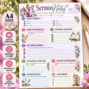 Peut inclure: Une feuille imprimable de notes de sermon au format A4 blanc avec une croix en bois drapée de tissu violet, des illustrations florales et huit sections numérotées incluant Today's Sermon, Heart of the Message et My Prayer Today.