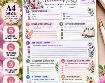 May include: A white A4 size sermon notes printable sheet featuring a wooden cross with purple fabric, floral illustrations, and eight numbered sections including Today's Sermon, Heart of the Message, Supporting Scriptures, and My Prayer Today.