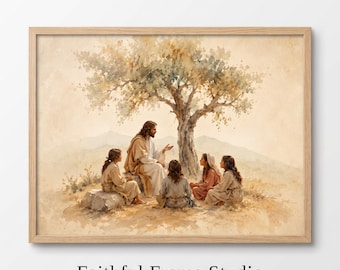May include: A framed watercolor print depicting a figure in robes sitting under a large tree, surrounded by four children in simple clothing. The scene is rendered in soft beige and brown tones. The text Faithful Frame Studio appears below.