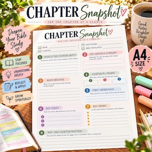 Könnte beinhalten: Ein weißes A4-Blatt mit dem Titel Chapter Snapshot und Abschnitten für das Bibelstudium, darunter Book, Chapter, Date Studied, Bible Translation, One-Sentence Summary, Main Message, Key Verses, Key Themes und Why This Chapter Matters.