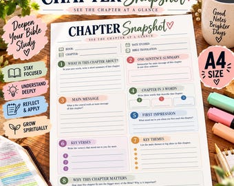 May include: A white A4 size paper sheet titled Chapter Snapshot with sections for Bible study including Book, Chapter, Date Studied, Bible Translation, One-Sentence Summary, Main Message, Key Verses, Key Themes, and Why This Chapter Matters.