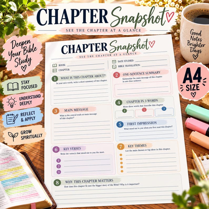 Bible Chapter Study worksheet with guided sections for chapter summary, main message, key verses, themes, and personal reflection.

Chapter Snapshot printable Bible study page with spaces for Bible book, chapter, date studied, and Bible translation.

Bible Study Guide worksheet for summarizing a chapter, identifying its main message, choosing three descriptive words, and recording first impressions.