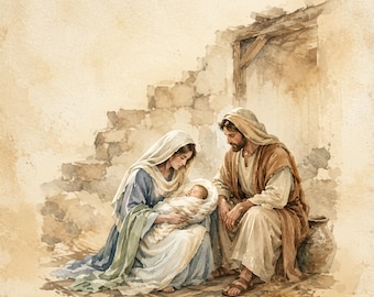 May include: A watercolor illustration depicting a nativity scene with a figure in a blue and white robe holding a swaddled infant, and a figure in a brown robe sitting nearby. The scene includes a stone wall structure and a ceramic jug.