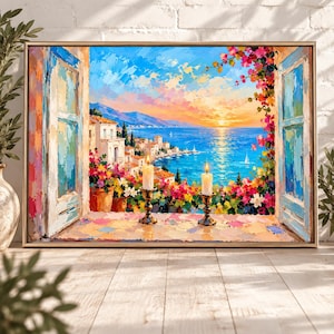 May include: An impressionist oil painting of a coastal Mediterranean village at sunset, viewed through an open window with blue shutters. Two lit candles sit on the windowsill, surrounded by vibrant pink and orange flowers overlooking the sea.