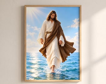 Muurdecoratie: Jezus die over het water loopt | Christelijke printbare afbeelding van Jezus | Bijbelse oceaanscène | Religieuze woondecoratie