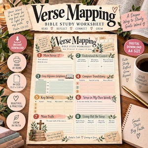 May include: A beige paper Bible study worksheet titled Verse Mapping with eight numbered sections for study including Main Verse, Context, Cross-References, Translations, Key Words, Own Words, Main Truth, and Living Out the Verse with floral accents.